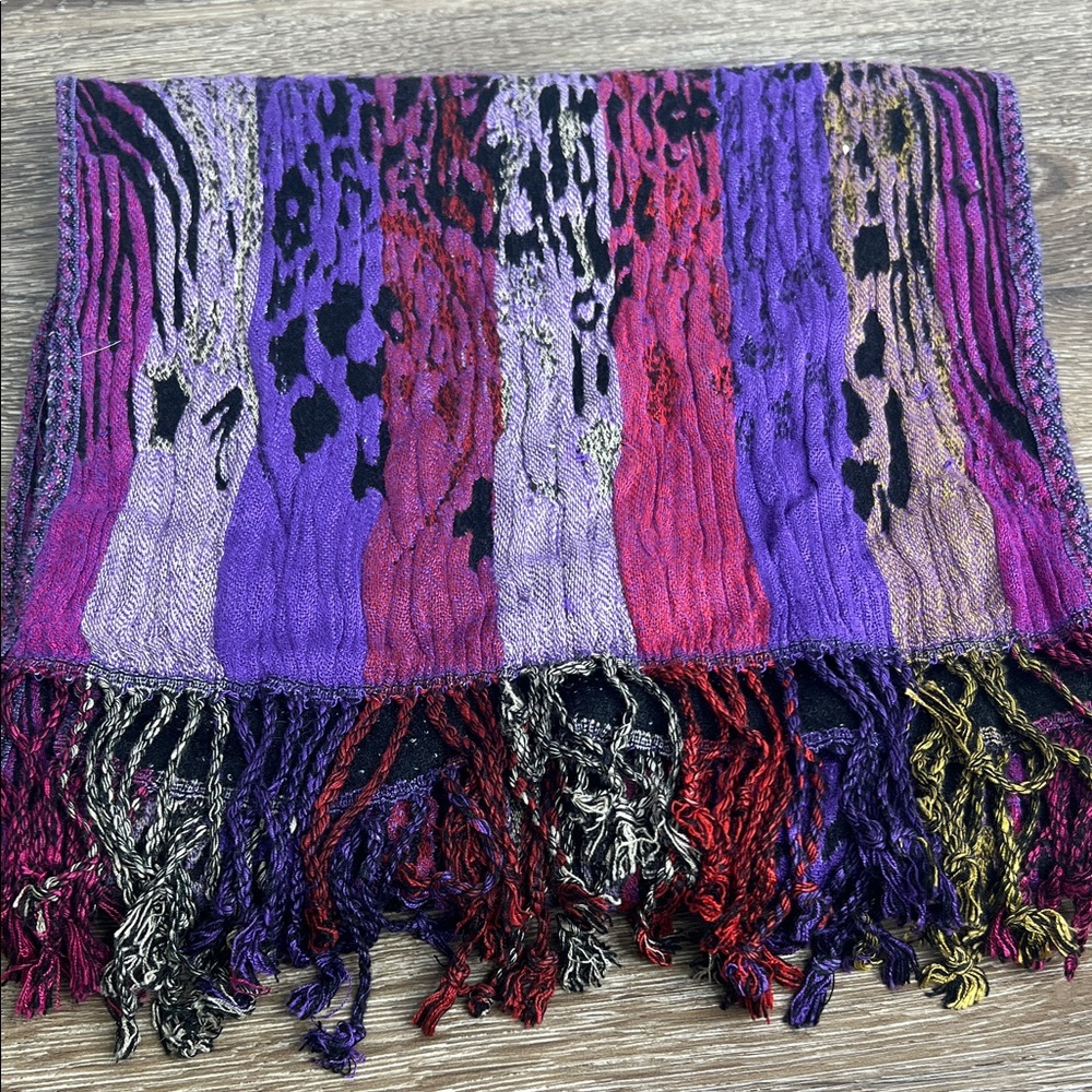 Silk & Viscose Textured Fringe Scarf – Multicolor Abstract Pattern Made in Nepal